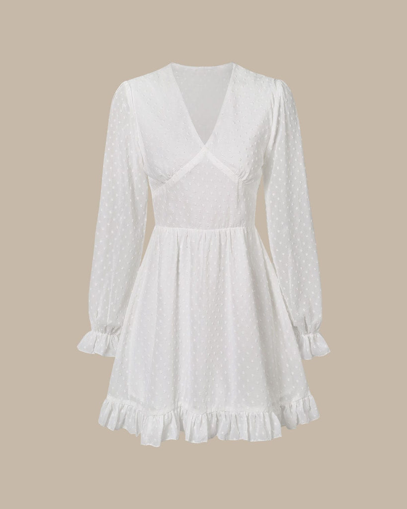 The White V-Neck Dobby Mesh Mini Dress White Dresses - RIHOAS