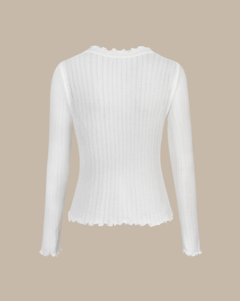 The White V-Neck Frill Trim Knit Top Tops - RIHOAS