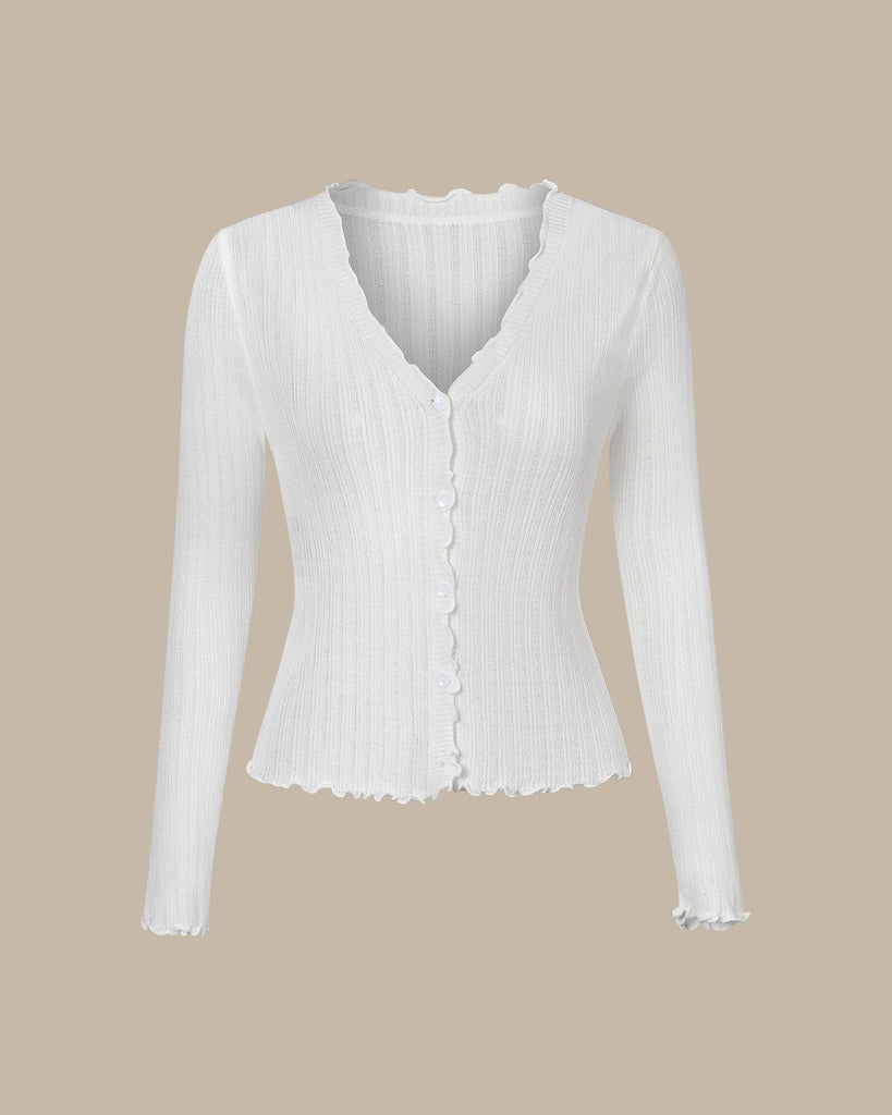 The White V-Neck Frill Trim Knit Top White Tops - RIHOAS
