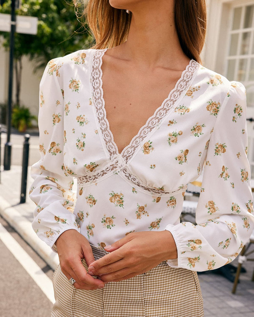 The White V-Neck Lace Floral Blouse Tops - RIHOAS