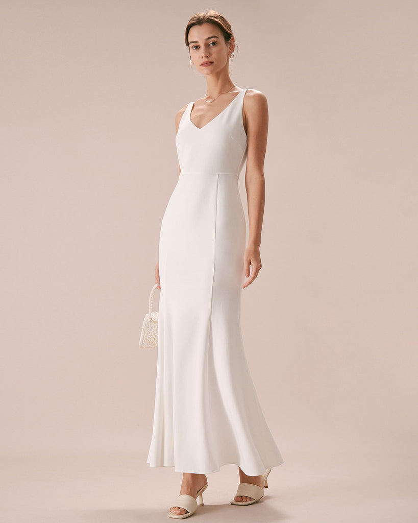 The White V-Neck Mermaid Dress Dresses - RIHOAS