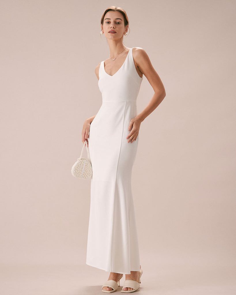 The White V-Neck Mermaid Dress White Dresses - RIHOAS