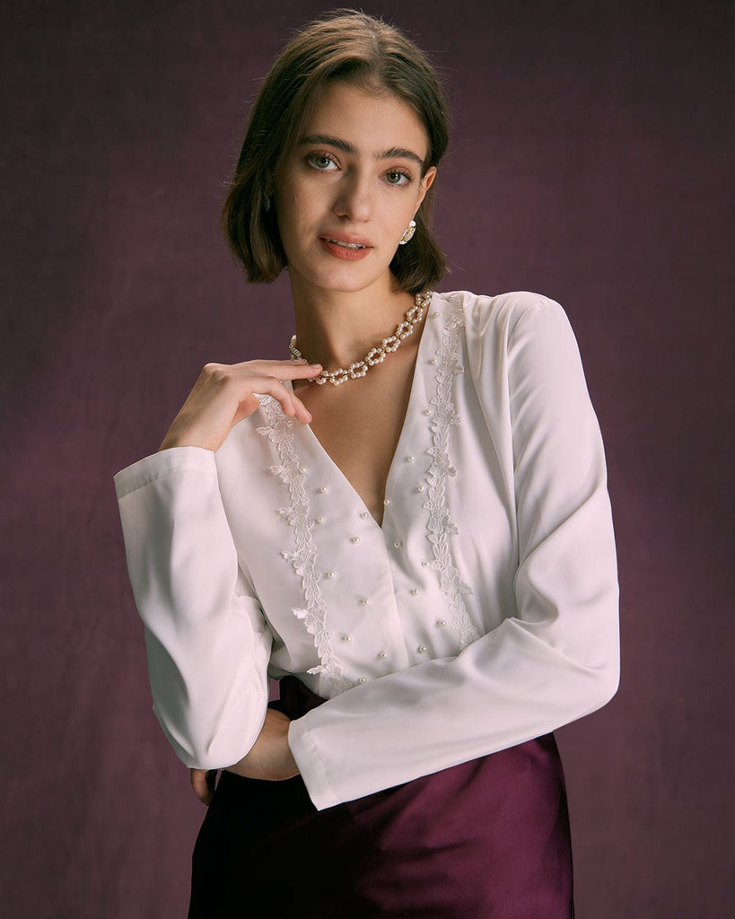 The White V-Neck Pearls Blouse Tops - RIHOAS