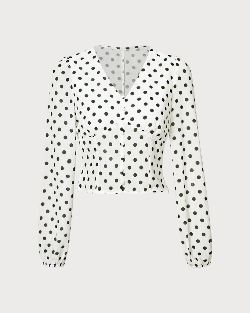 The White V-Neck Polka Dot Blouse White Tops - RIHOAS