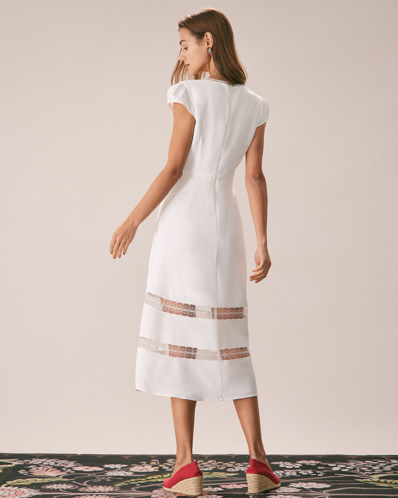 The White V Neck Cap Sleeve Midi Dress Dresses - RIHOAS
