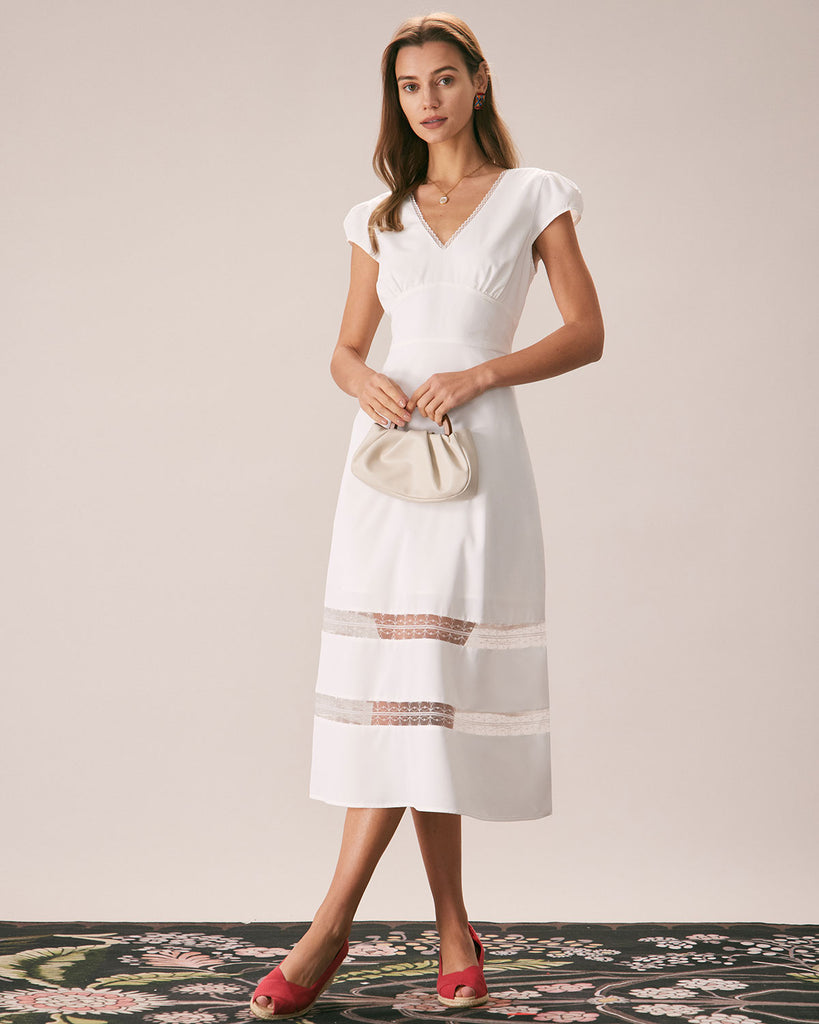 The White V Neck Cap Sleeve Midi Dress White Dresses - RIHOAS