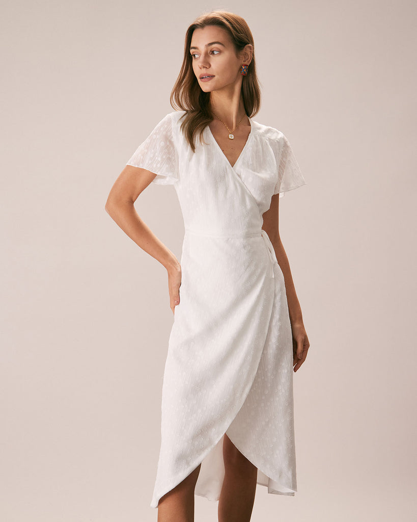 The White V Neck Dobby Mesh Midi Dress White Dresses - RIHOAS