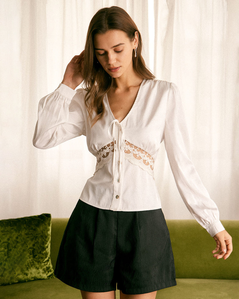 The White V Neck Solid Lace Blouse Tops - RIHOAS