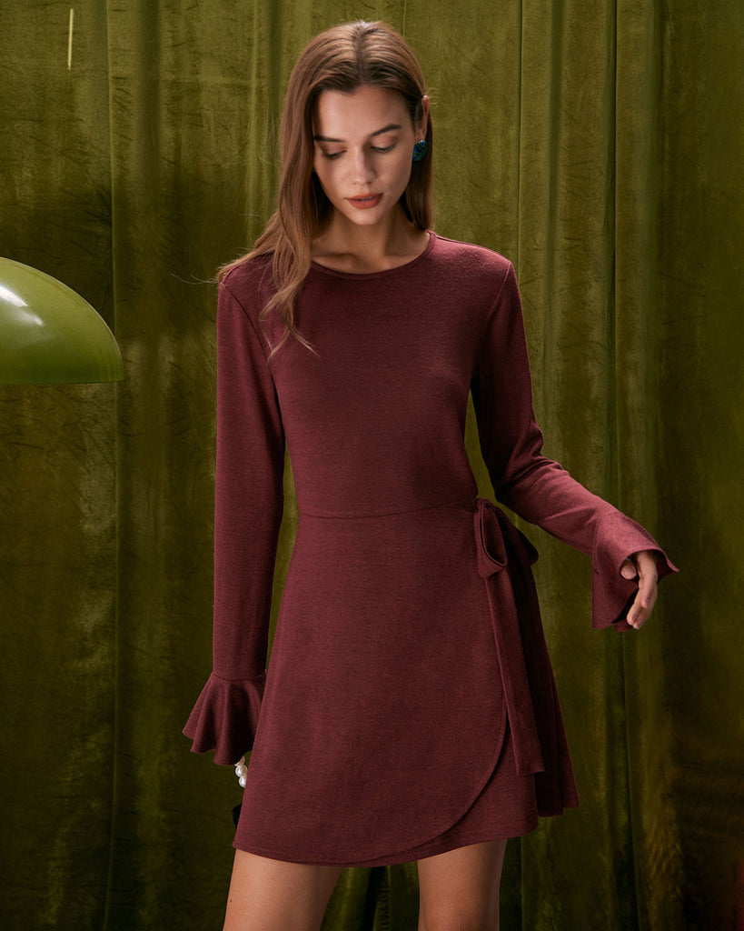 The Wine Red Crew Neck Flare Sleeve Mini Dress Dresses - RIHOAS