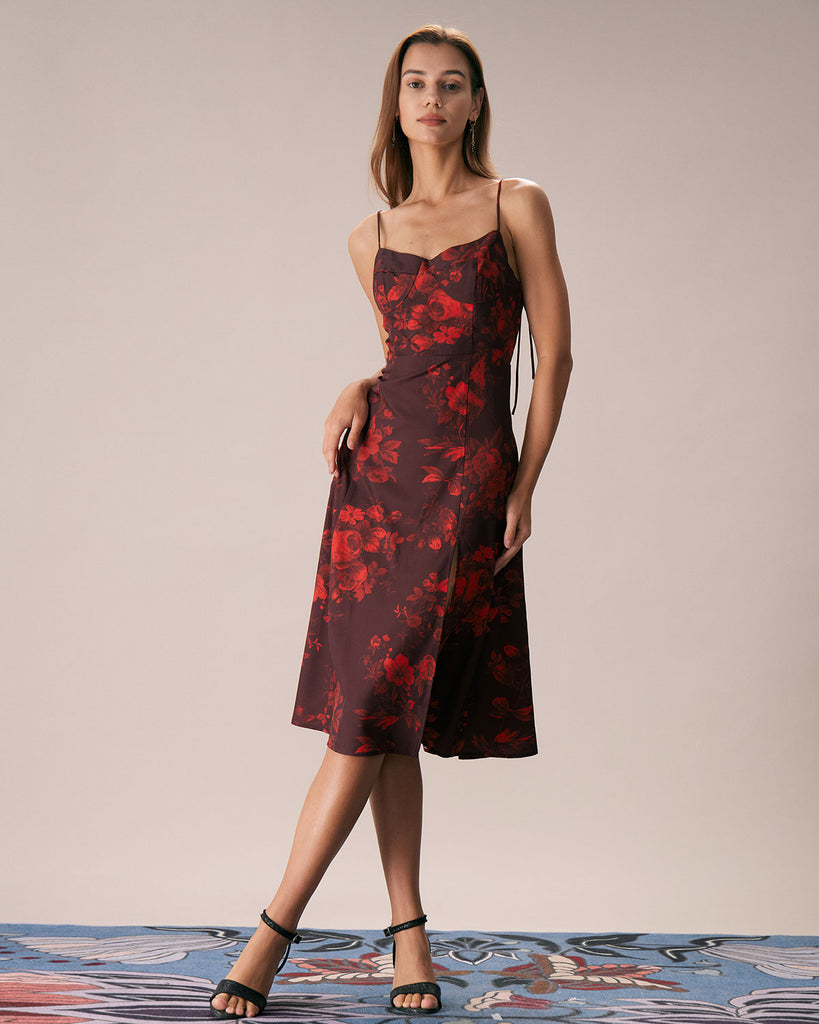 The Wine Red Floral Split Hem Midi Dress Dresses - RIHOAS