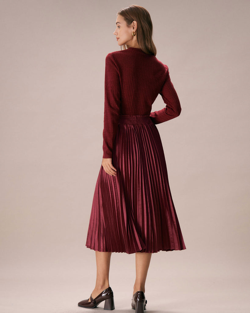 The Wine Red Pleated Midi Skirt Bottoms - RIHOAS