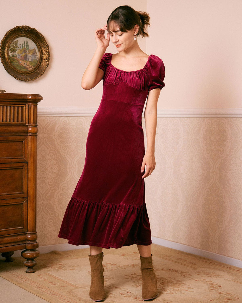 The Wine Red Ruched Velvet Maxi Dress Dresses - RIHOAS