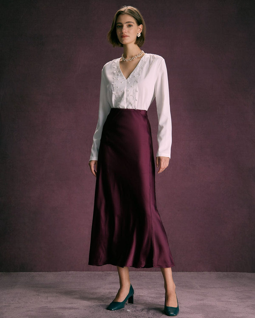 The Wine Red Satin Solid Midi Skirt Bottoms - RIHOAS