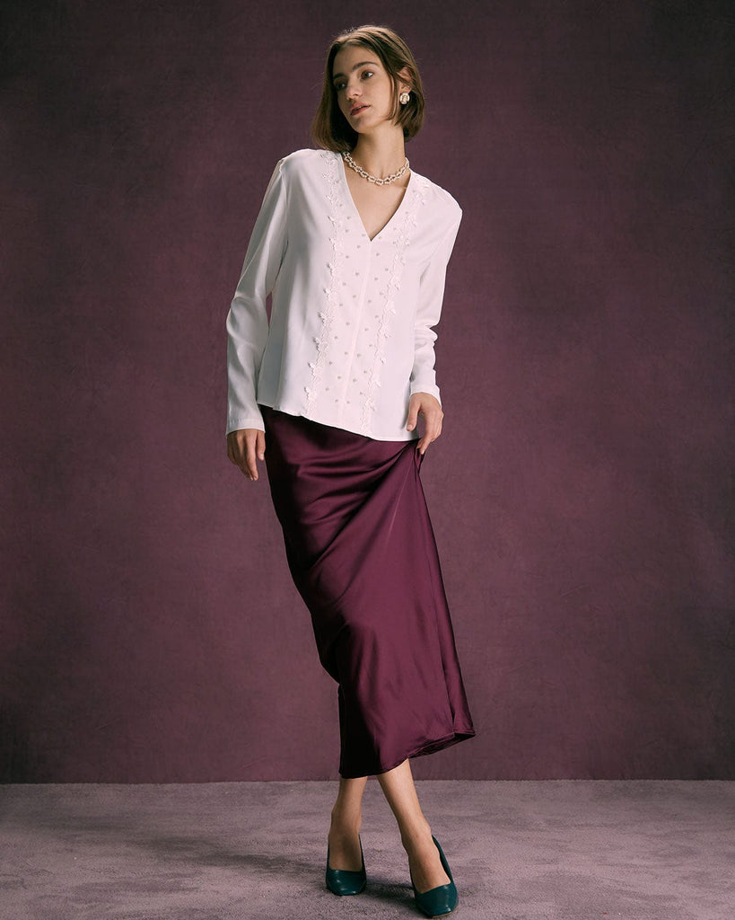 The Wine Red Satin Solid Midi Skirt Bottoms - RIHOAS