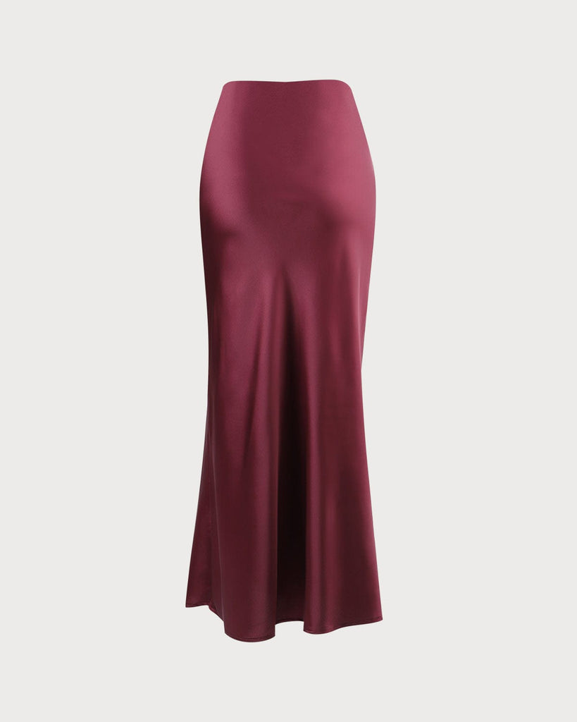 The Wine Red Satin Solid Midi Skirt Bottoms - RIHOAS