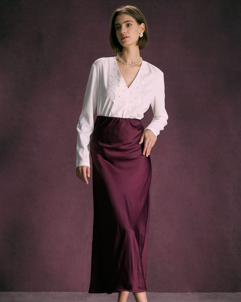 The Wine Red Satin Solid Midi Skirt Bottoms - RIHOAS