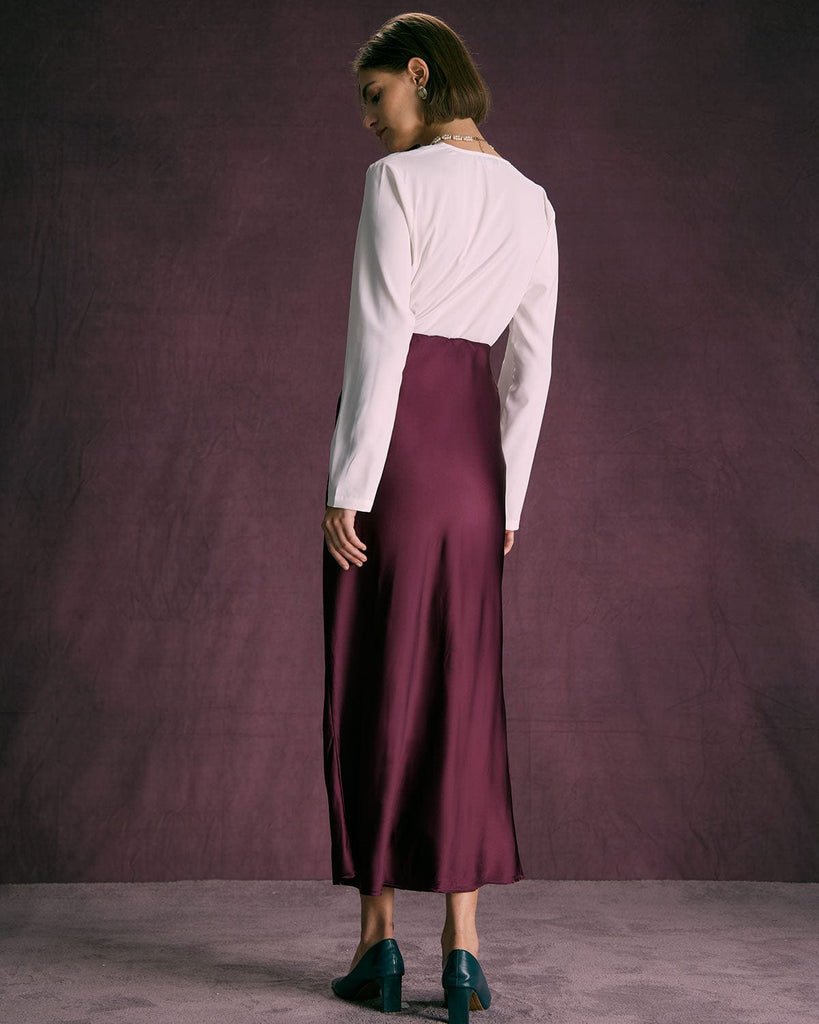 The Wine Red Satin Solid Midi Skirt Bottoms - RIHOAS