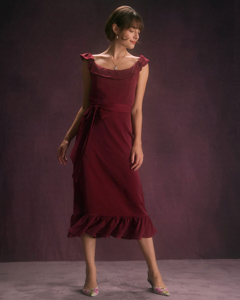 The Wine Red Scoop Neck Ruffle Midi Dress Dresses - RIHOAS