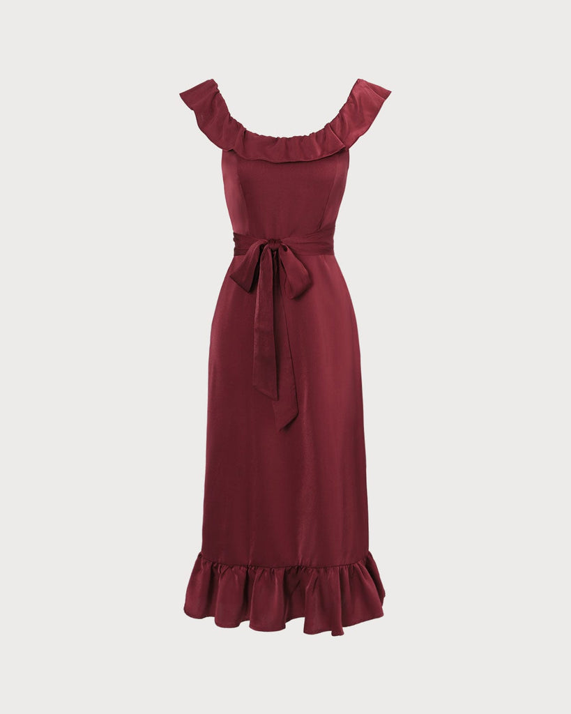 The Wine Red Scoop Neck Ruffle Midi Dress Dresses - RIHOAS