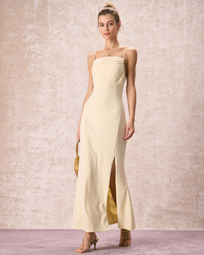 The Yellow Ruched Slip Maxi Dress Dresses - RIHOAS