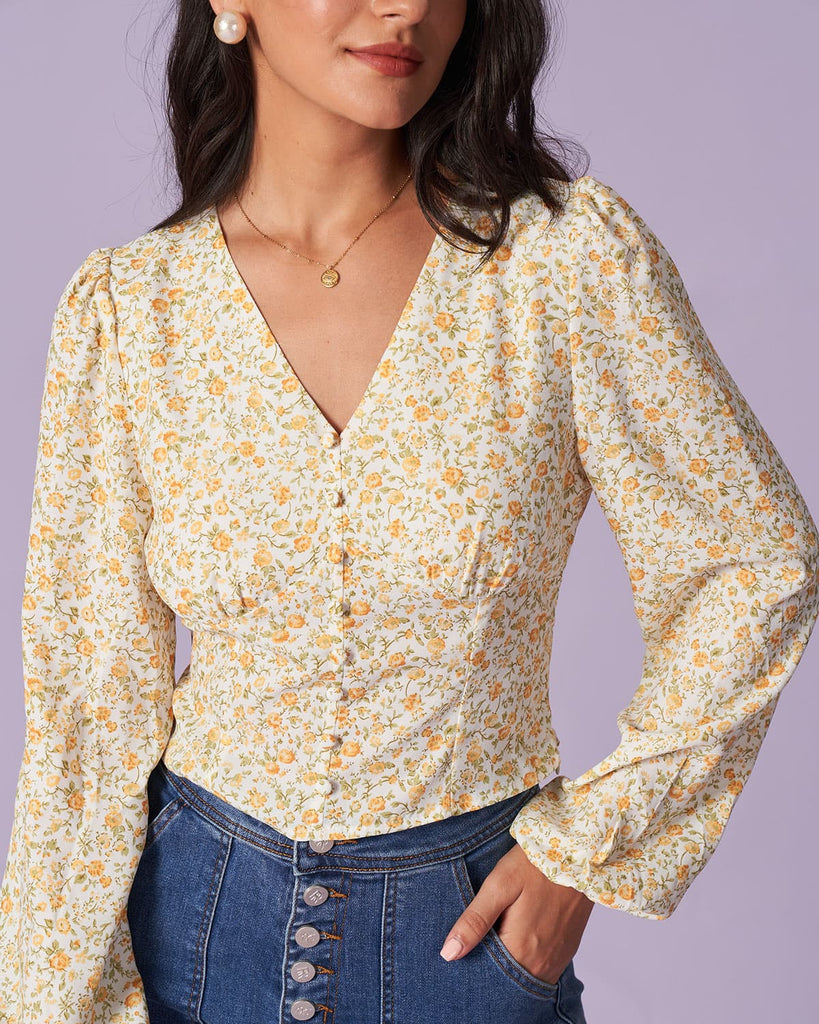 The Yellow V-Neck Lantern Sleeve Floral Blouse Tops - RIHOAS