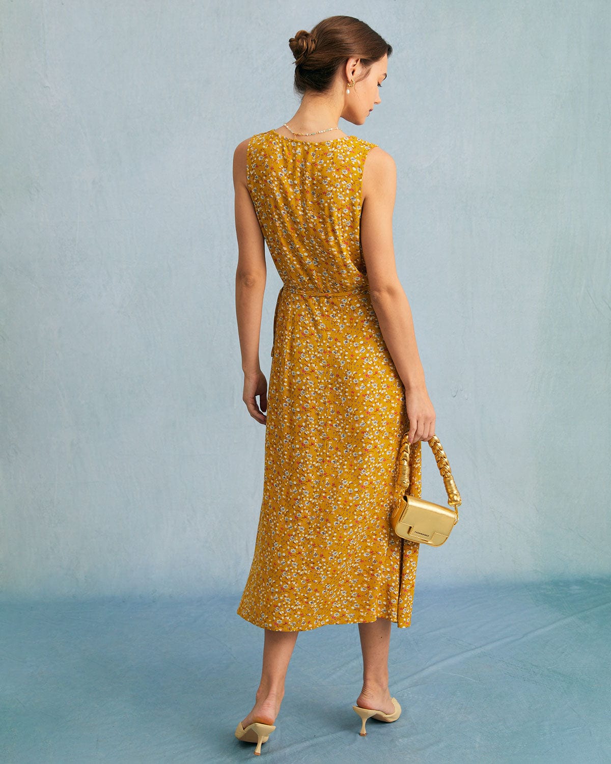 The Yellow V Neck Tie Wrap Midi Dress & - Yellow - Dresses RIHOAS