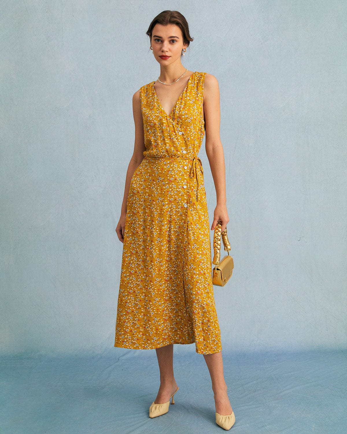 The Yellow V Neck Tie Wrap Midi Dress & - Yellow - Dresses RIHOAS