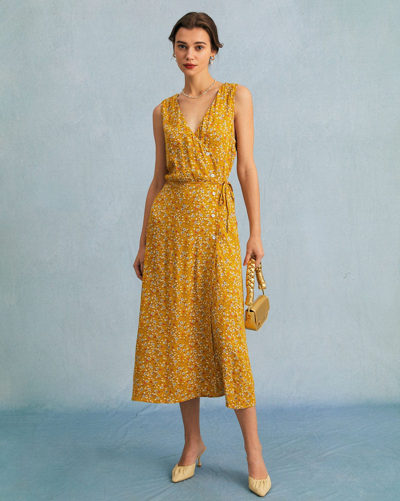 The Yellow V-Neck Wrap Floral Midi Dress Yellow Dresses - RIHOAS