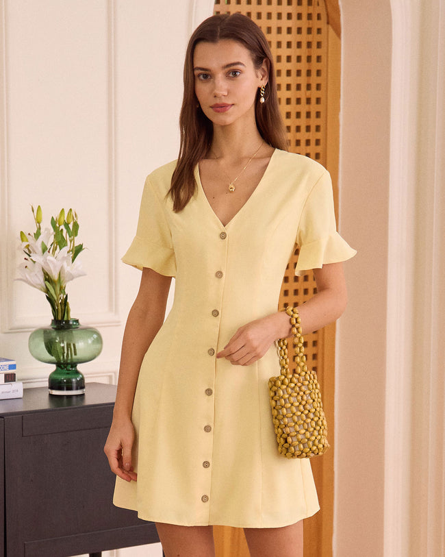 The Yellow V Neck Ruffle Button up Mini Dress