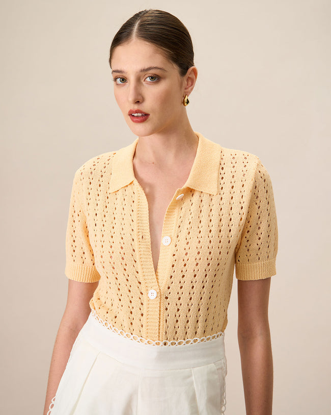 Rihoas Lapel Hollow Out Knitted Sweater