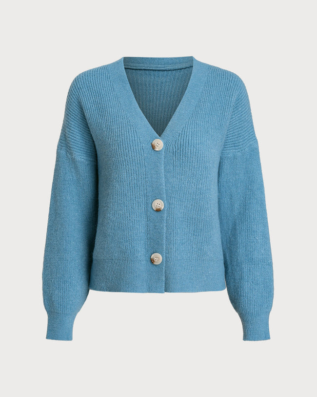 Women Knitted Acrylic Cardigans Blue Tops - RIHOAS