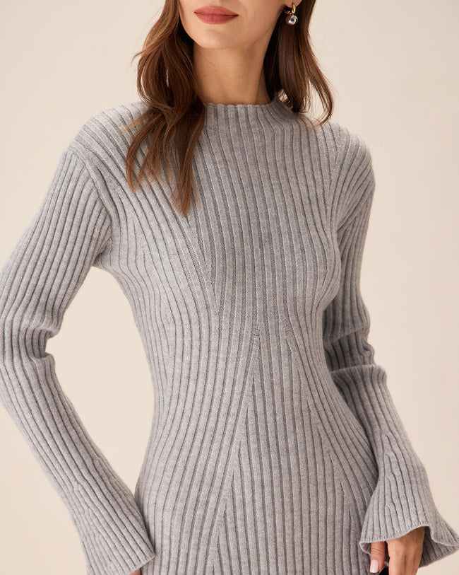 Grey Crew Neck Bell Sleeve Sweater Dress & Reviews - Grey