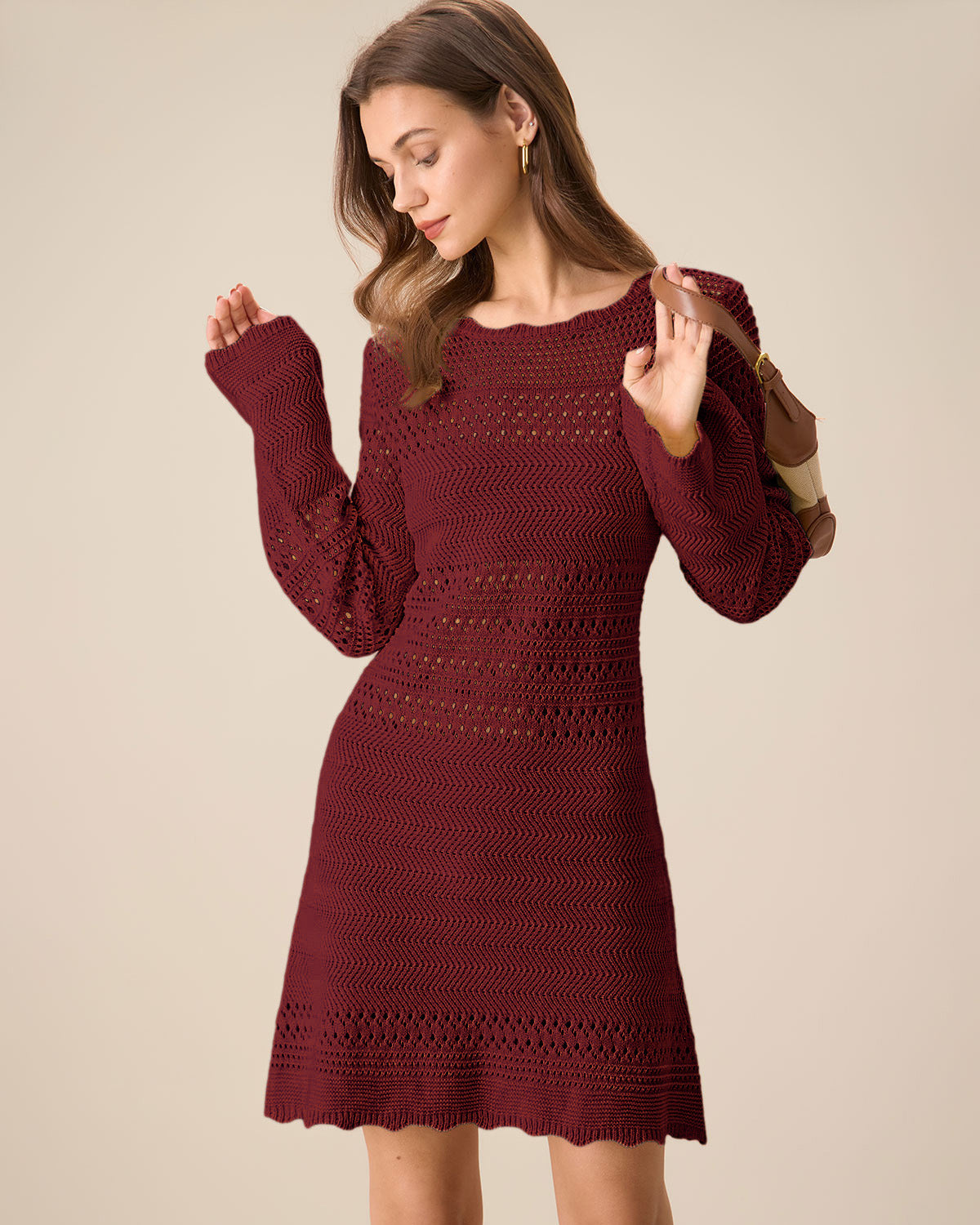 Rihoas Bell Sleeve A-Line Sweater Dress for Women, Wine Red / M