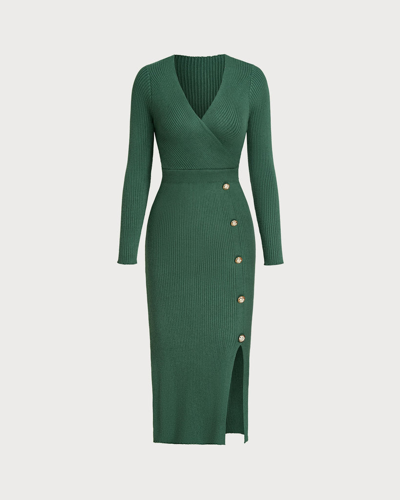 Women Knitted Acrylic Sweater Dresses Green Dresses - RIHOAS