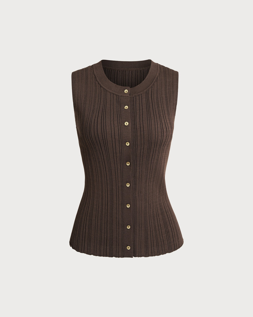 Women Knitted Acrylic Tank Tops Brown Tops - RIHOAS