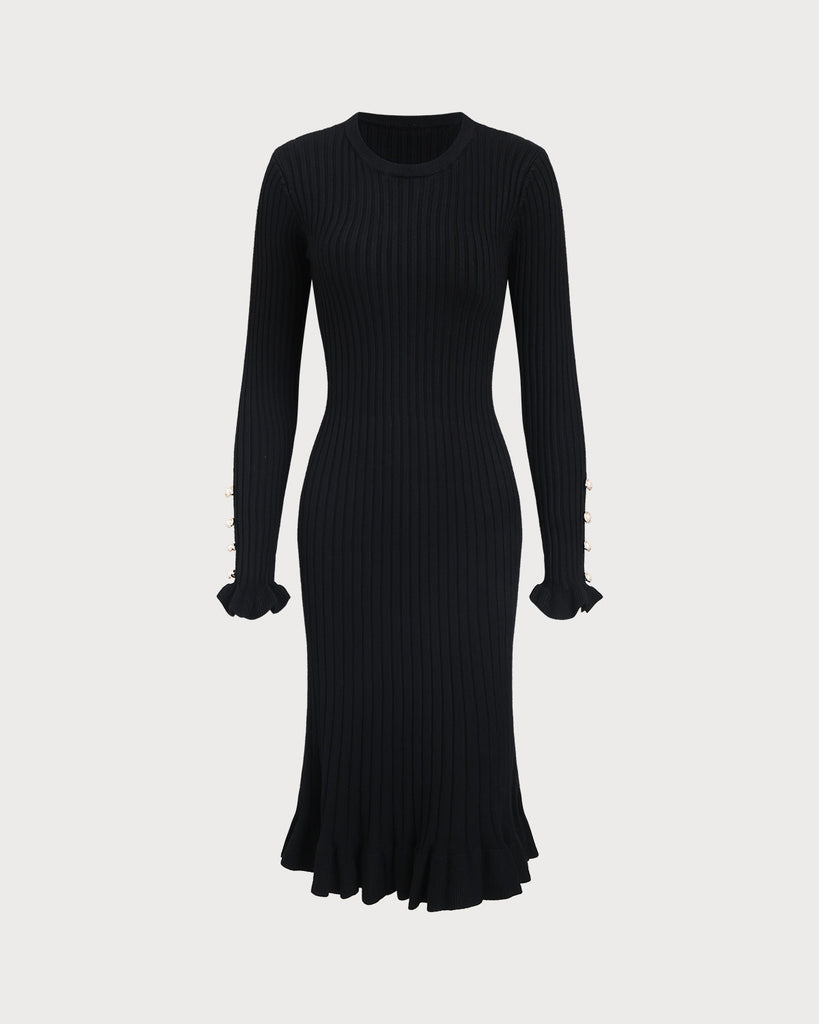 Women Knitted Cotton Blended Sweater Dresses Black Dresses - RIHOAS