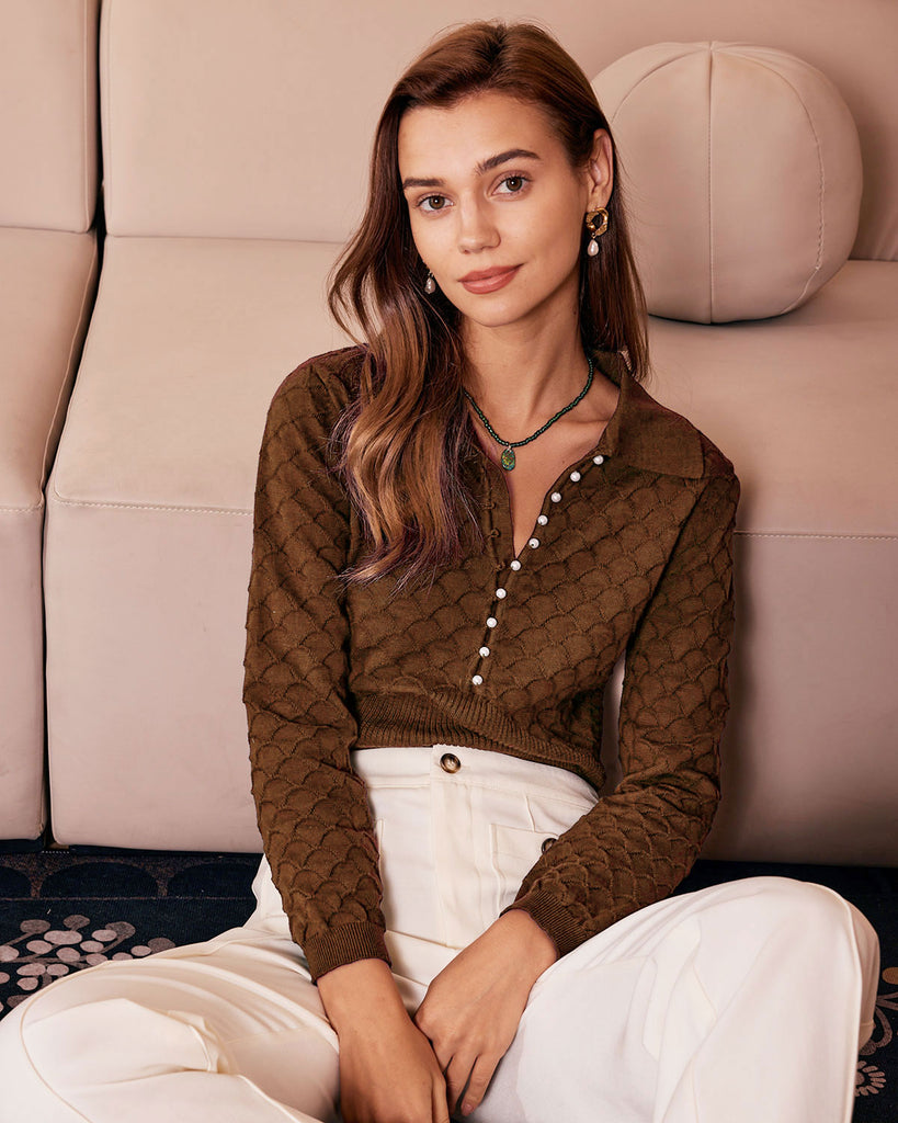 Women Knitted Cotton Sweaters Brown Tops - RIHOAS