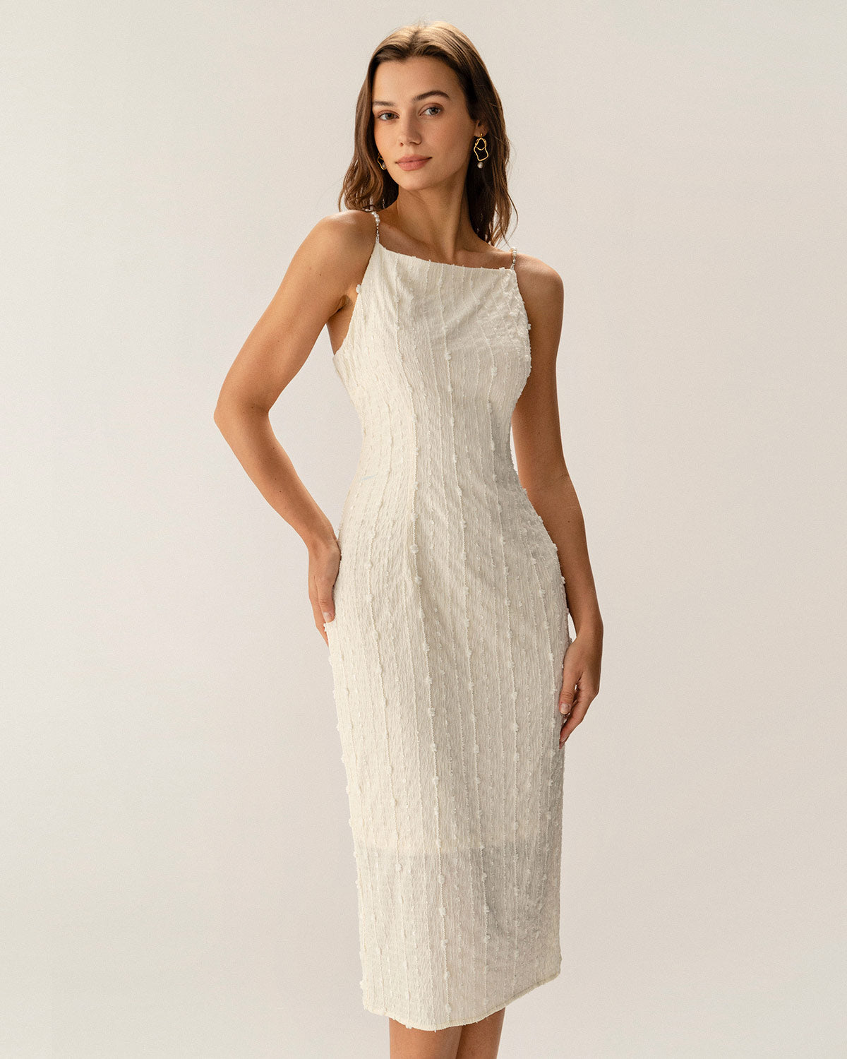 Rihoas Jacquard Textured Beaded Slip Midi Dress | Square Neck Pearl Trim for Wedding Guest, Graduation, Special Occasions, Beige / L Rihoas Jacquard Textured Beaded Slip Midi Dress | Square Neck Pearl Trim for Wedding Guest, Graduation, Special Occasions, Beige / L