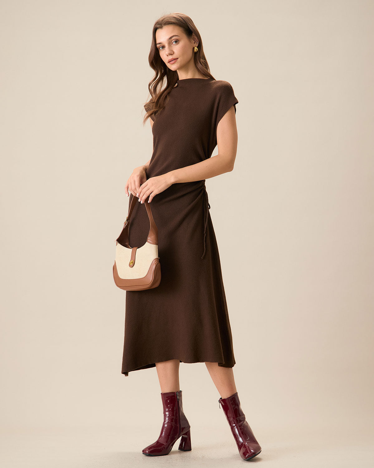 Rihoas Reversible A-Line Sweater Dress | Mock Neck Keyhole Knit Dress for Fall, Coffee / L Rihoas Reversible A-Line Sweater Dress | Mock Neck Keyhole Knit Dress for Fall, Coffee / L