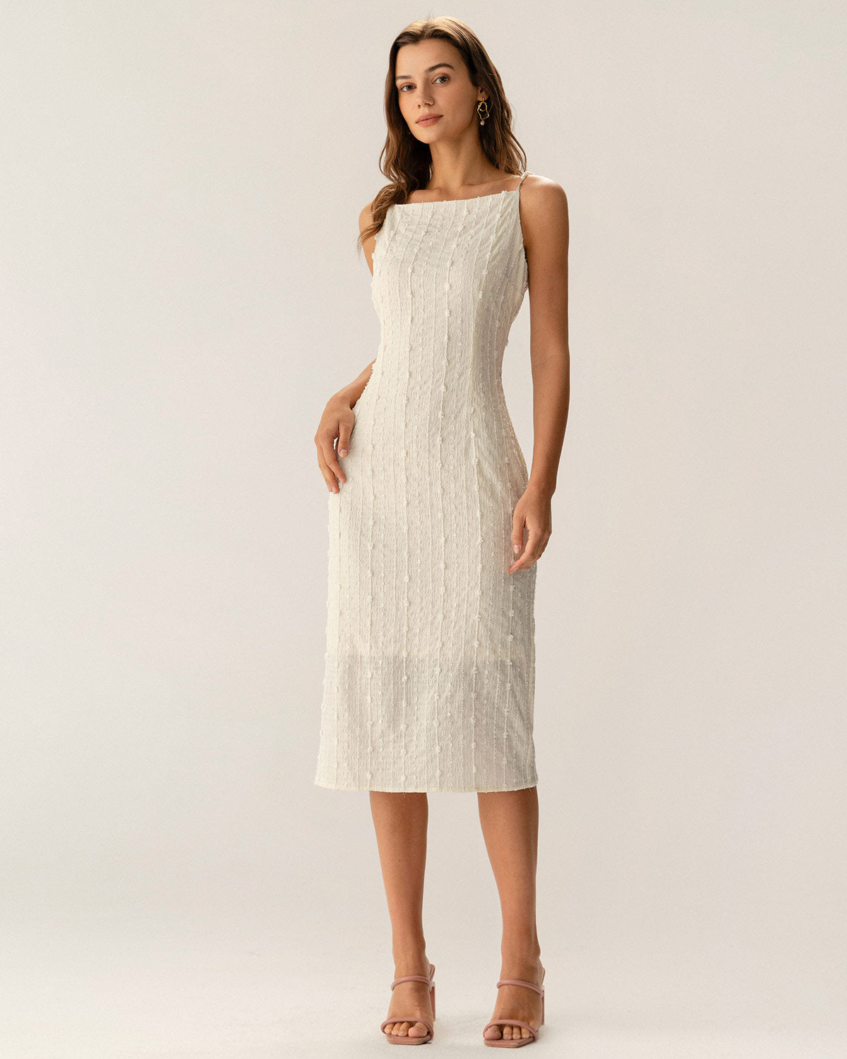 Rihoas Jacquard Textured Beaded Slip Midi Dress with Square-Neck & Pearl-Strap, Beige / L