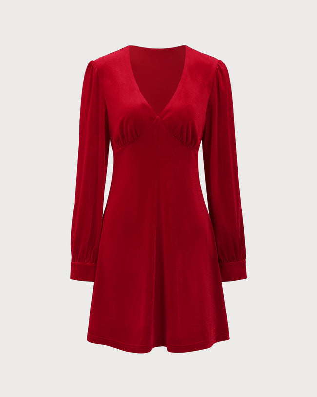 Women's Red Velvet Puffed Sleeve A-Line Mini Dress