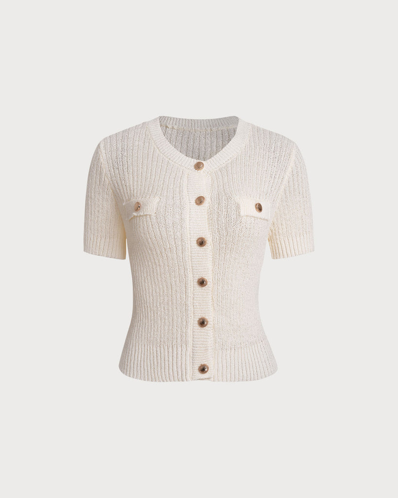 Women Knitted Polyester Knits Beige Tops - RIHOAS