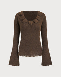 Women Knitted Polyester Knits Brown Tops - RIHOAS