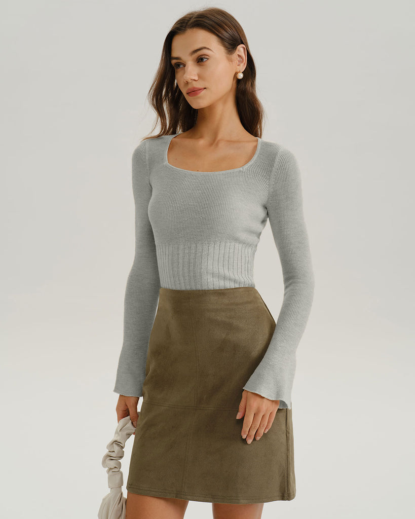 Women Knitted Polyester Knits Grey Tops - RIHOAS