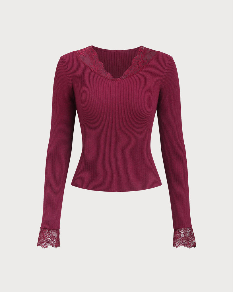 Women Knitted Polyester Knits Wine Red Tops - RIHOAS