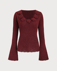 Women Knitted Polyester Knits Wine Red Tops - RIHOAS