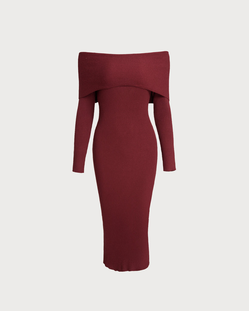 Women Knitted Polyester Sweater Dresses Wine Red Dresses - RIHOAS