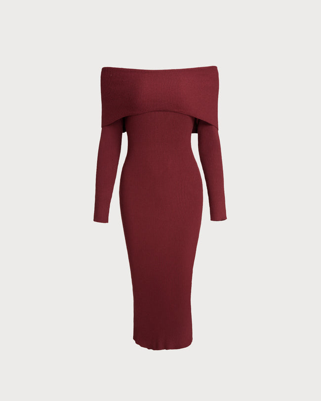 Women Knitted Polyester Sweater Dresses Wine Red Dresses - RIHOAS