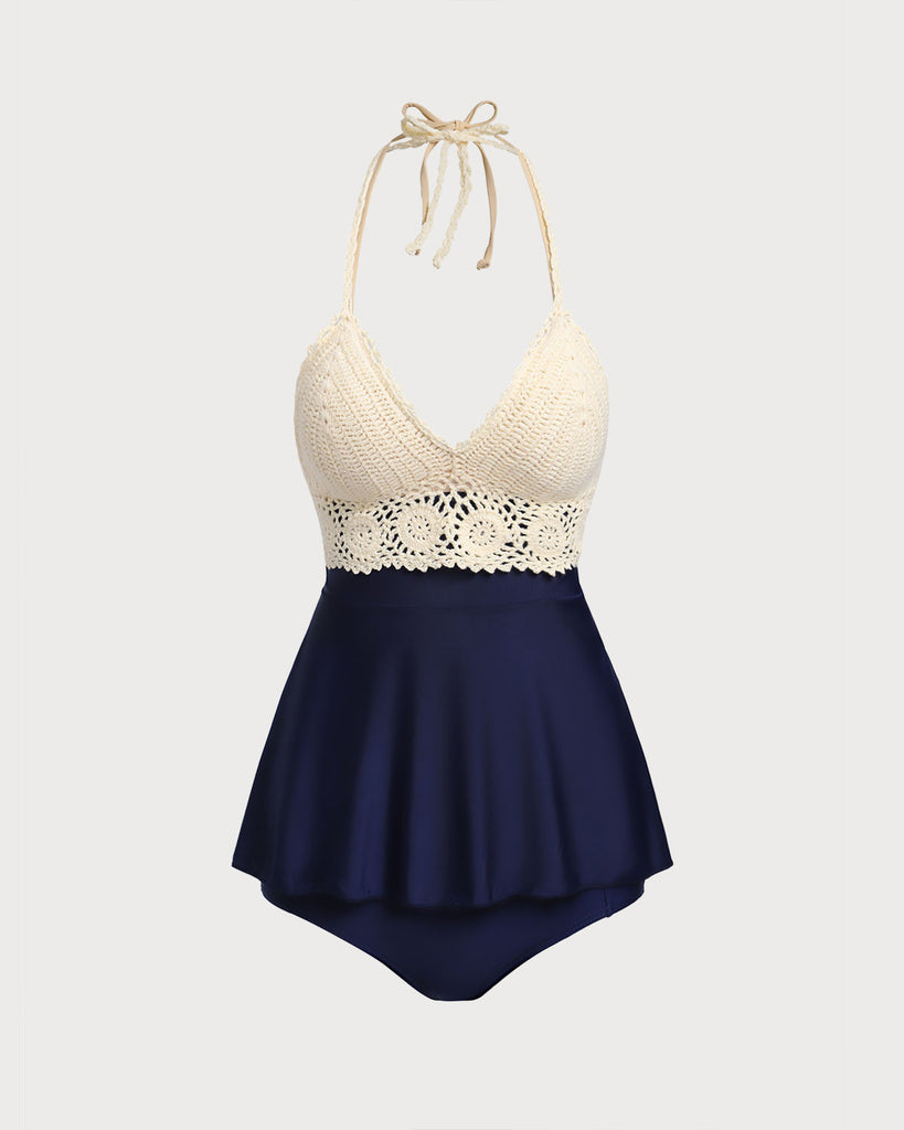 Apricot Contrast Crochet Halter Tankins