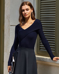 Women Knitted TENCEl Lyocell Sweaters Navy Tops - RIHOAS